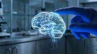 Scientist in blue gloves holding holographic brain model in modern laboratory for neuroscience research and medical technology innovation.