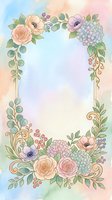 Watercolor floral frame with roses, anemones, hydrangeas, and berries in soft pastel tones on a dreamy gradient background for cards.