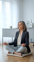 Mature woman with gray hair, Caucasian ethnicity, meditating in cross-legged position on floor in modern office, wearing dark blazer and light blouse, promoting wellness and mindfulness at work.