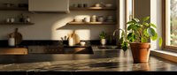 Modern kitchen with black marble countertop, potted plant, and warm ambient lighting from shelves and window in background.