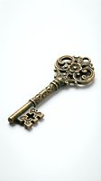 Ornate brass skeleton key with elaborate floral head design and decorative shaft, isolated on white background for vintage decor, antique collections, and design projects.