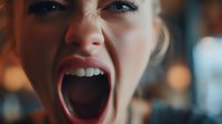 Young Caucasian woman screaming with mouth wide open showing intense emotion and facial expression in dramatic lighting for stress and anger concepts.