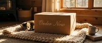 Cozy home interior with a cardboard box labeled Order Now, a sleeping cat, chunky knit blanket, and warm sunlight for online shopping concepts.
