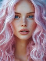 Young woman with vibrant pink wavy hair, bright blue eyes, and natural freckles in dreamy soft lighting, expressing gentle confidence and modern beauty trends.