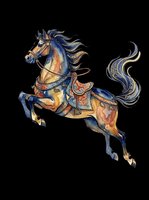 Ornate horse with flowing mane and tail, wearing decorative saddle and bridle with intricate patterns, isolated on transparent background ready for t-shirts, stickers, and print-on-demand designs.