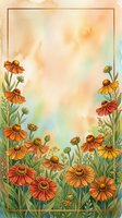 Watercolor autumn wildflower border frame with orange and yellow blooms on textured paper background for greeting cards and stationery design.