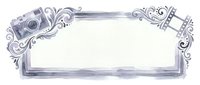 Ornate lavender decorative frame with flourishing baroque scrollwork and vintage camera elements, isolated on white background for design projects.
