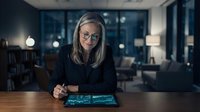 Middle-aged woman with gray hair and glasses wearing dark blazer, seated at desk with circuit board, modern office interior with city lights visible through windows at night.