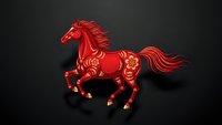 Red ornate horse with golden decorative patterns galloping on dark background. Chinese zodiac symbol with traditional motifs for lunar new year celebrations.