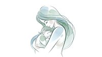 Tender mother with flowing green hair embracing newborn baby in soft watercolor style illustration isolated on white background for maternal designs.