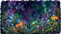 Enchanted forest floor with glowing mushrooms and bioluminescent plants beneath a starry night sky filled with magical light particles and cosmic energy.