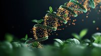 DNA helix structure with green leaves and golden particles on dark background, representing natural genetic science and biotechnology research in medicine.
