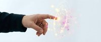 Hand touching glowing digital network connections with purple and yellow light effects on white background for technology concepts.