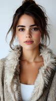 Young woman with natural freckles and messy updo hairstyle wearing faux fur coat and white top against light background, fresh natural makeup look.