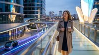Professional businesswoman in beige coat standing on modern city bridge at twilight with urban skyline and light trails from traffic below.