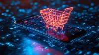 Glowing neon shopping cart icon floating over smartphone screen with digital circuit pattern background in pink and blue futuristic colors.