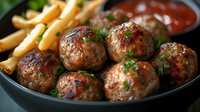 Juicy grilled meatballs garnished with fresh herbs served in cast iron pan with french fries and tomato sauce, close up view on dark background.