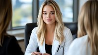 Young blonde businesswoman in white blazer smiling confidently during office meeting with colleagues. Professional corporate environment with natural window lighting.