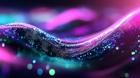 Glowing particles form dynamic wave pattern in purple and turquoise colors against dark background, creating magical flowing motion effect with bokeh lights.