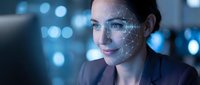 Professional businesswoman with facial recognition technology overlay in modern office environment for AI and biometric security applications.