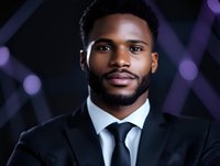 Young African American businessman in black suit and tie against dark background with bokeh lights, expressing confidence and professionalism in corporate portrait.