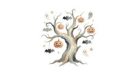 Spooky Halloween tree with hanging pumpkins, bats and ghosts on white background. Watercolor autumn holiday decoration isolated for seasonal designs.