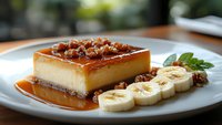Creamy flan dessert topped with caramel sauce and candied nuts, served with fresh banana slices and mint garnish on white plate, selective focus.