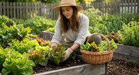 Young woman in straw hat harvesting fresh lettuce in organic vegetable garden with wicker basket for healthy farm-to-table lifestyle.