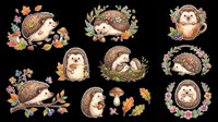 Cute hedgehog characters surrounded by autumn leaves, flowers, and mushrooms. Isolated on transparent background, ready for t-shirts, stickers, clipart, sublimation, print-on-demand designs, and digital crafts.