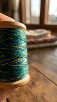 Wooden spool with colorful blue and green variegated thread in cozy sewing room with natural window light for crafting and textile projects.