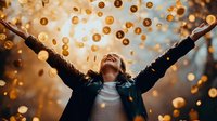 Woman in leather jacket with arms outstretched celebrating under magical golden bokeh lights in misty forest atmosphere.
