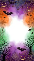 Halloween watercolor frame with pumpkins, bats, spiders and decorative swirls on gradient background for seasonal designs and party invitations.