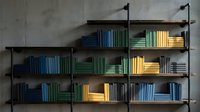 Industrial pipe bookshelf with colorful organized books against concrete wall. Modern loft library storage solution for home office interior design.