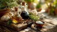 Rustic kitchen scene with olive oil bottles, fresh herbs, garlic and spices on wooden cutting board. Culinary ingredients for Mediterranean cooking and recipes.