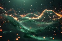 Abstract digital wave pattern with glowing orange light trails and particles floating over emerald green undulating surface against dark background.