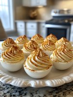 Deviled eggs with piped golden yolk mixture and paprika garnish arranged on white plate in modern kitchen setting. Appetizer food photography.