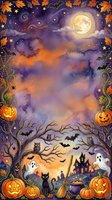 Spooky autumn night scene with full moon, haunted house, jack-o-lanterns, bare trees, flying bats, ghosts, black cat, cauldron, pumpkins, maple leaves, stars, and cobwebs in purple and orange watercolor style.