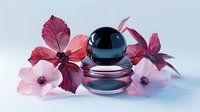 Dark glossy perfume bottle surrounded by pink and burgundy flowers on white background, suitable for beauty and cosmetics marketing.