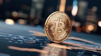 Golden cryptocurrency coin standing on edge against blurred digital background with data visualization and city lights bokeh effect.