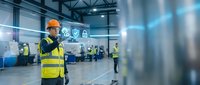 Industrial worker in safety vest using augmented reality interface in modern warehouse with digital holographic display technology for logistics management.