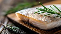 Fresh salmon fillet with rosemary herbs on wooden cutting board ready for cooking. Raw fish preparation for healthy gourmet meal in rustic kitchen setting.