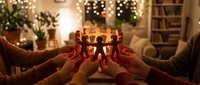 Diverse group of people holding glowing lantern together in cozy decorated living room during festive season celebration and holiday gathering.