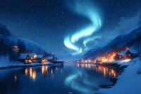 Magical northern lights dance over illuminated fishing village with glowing windows reflecting in calm fjord waters amid snowy mountains on winter night.