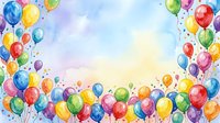 Colorful balloons floating upward with confetti on soft watercolor sky background, suitable for celebration and party designs.