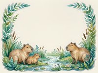 Watercolor capybara family with babies in tropical wetland frame surrounded by lush green foliage and aquatic plants on neutral background for nature designs.