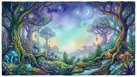 Enchanted forest landscape with glowing trees, magical moonlit sky, and mystical atmosphere for fantasy art and design projects.