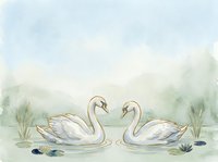 Two white swans face each other on a calm lake surrounded by misty mountains and aquatic plants, rendered in soft watercolor tones for nature and wildlife design projects.