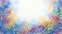 Watercolor gradient background with ornamental flourishes and fireworks bursts in rainbow hues, isolated on white for design projects, invitations, and digital artwork.