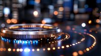 Futuristic holographic interface with glowing blue and orange light rings floating in digital space with bokeh background for technology concepts.