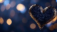 Glowing heart silhouette against dark blue background with golden bokeh lights creates romantic atmosphere for Valentine's Day cards and love themes.